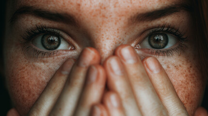 Woman with freckles and expressive eyes covering her face gently