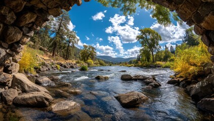 A serene river flows through a scenic landscape, framed by a stone archway, showcasing vibrant autumn colors and a clear sky.