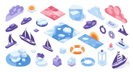 Isometric nautical and ocean elements with icebergs, boats, and clouds