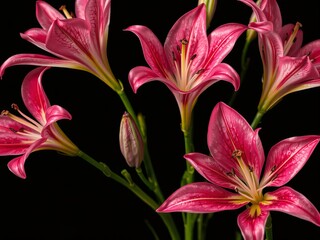 A vibrant cluster of pink lilies blooms radiantly against the deep black background, showcasing the delicate details of their petals and yellow stamens in stark contrast.