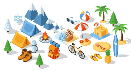 Fototapeta premium Seasonal outdoor adventures camping and beach fun isometric art