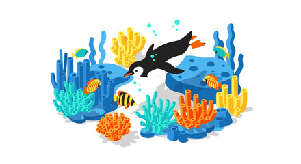 Colorful underwater scene with penguin and coral reefs in isometric style © Maureen