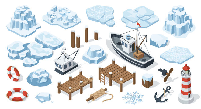 Winter harbor elements with fishing boat and lighthouse in isometric style