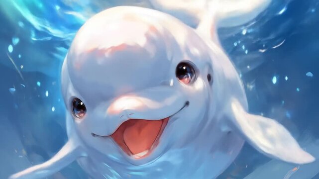 Smiling beluga whale swimming in clear blue water