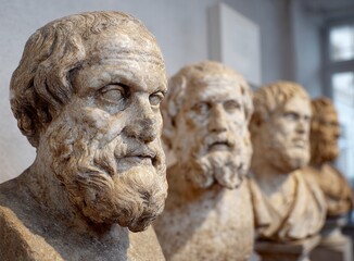 Fototapeta premium Ancient Greek Philosophers' Marble Busts Showcase Enduring Wisdom and Classical Beauty, Ideal for Educational Materials, Historical Studies, and Timeless Design Concepts
