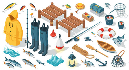 Comprehensive fishing equipment collection rods, reels, lures, boats, and apparel © Maureen