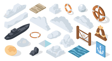 Isometric maritime elements ships, ocean waves, clouds, safety rings, and navigation symbols