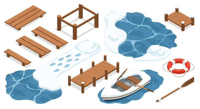 Isometric winter lake scene with frozen dock and row boat setup