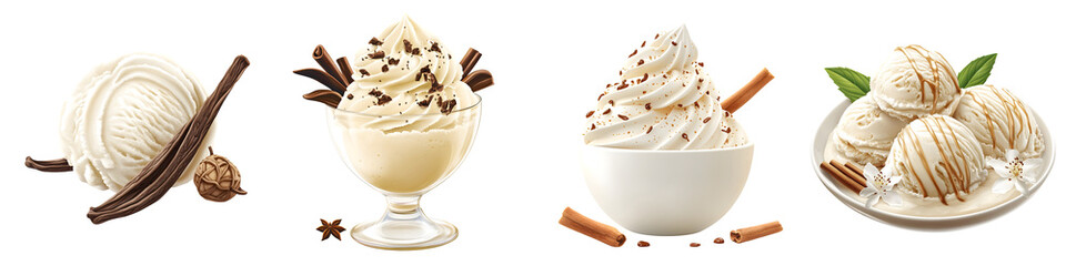 Vanilla ice cream – A creamy frozen dessert flavored with vanilla. Isolated on Clear White Background Highly Detailed