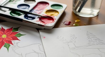 A watercolor paint set with brushes lies on a wooden table next to unfinished Christmas-themed drawings of a reindeer and a poinsettia.