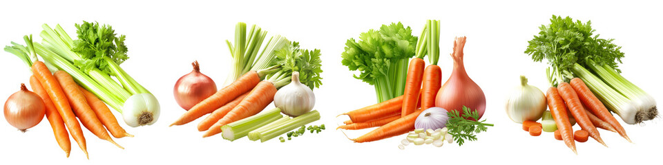 Vegetables – Fresh ingredients like carrots, onions, and celery used in soups. Isolated on Clear White Background Highly Detailed