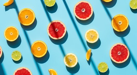 Citrus fruit halves on blue background