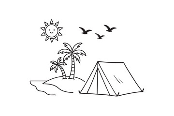 Tropical island camping tent with palm trees and sun line art vector Illustration on white Background.