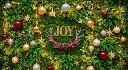 Festive greenery adorned with ornaments and the word joy