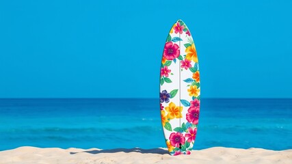A surfboard with vibrant floral patterns stands upright in the sand near turquoise ocean water under a clear blue sky on a bright, sunny tropical day.