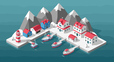 Naklejka premium Charming coastal village with snowcapped mountains and fishing boats in isometric art