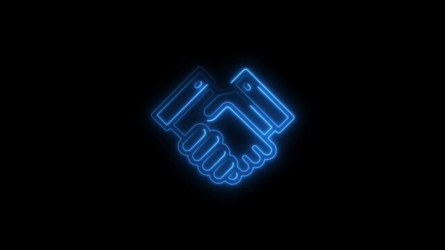 Neon blue handshake icon on black background symbol