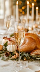 Festive dining table set for celebration, featuring a golden roasted turkey, elegant glass of champagne, and autumn decorations, creating a warm holiday atmosphere
