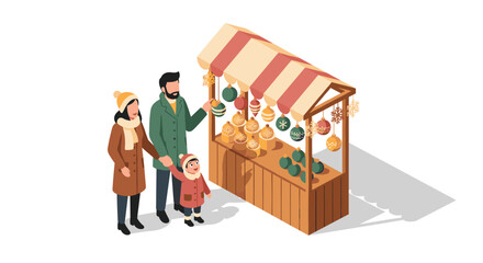 Family enjoying christmas market stall with festive decorations in isometric style