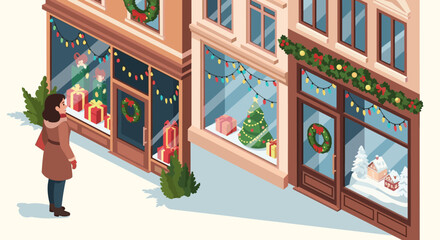 Obraz premium Festive holiday shopping scene with christmas decorations and gifts