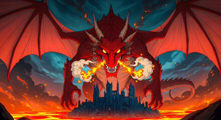 Epic Red Dragon Unleashes Fiery Breath Upon a City A Fantasy Art Illustration