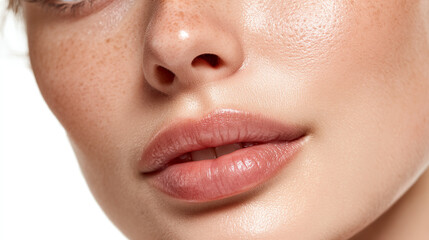 Fototapeta premium Close up of a woman's face showing her nose and lips with a focus on skin texture and tone