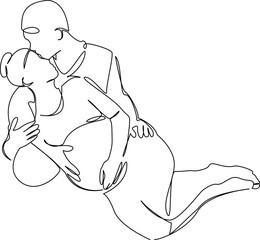 One continuous single drawing line art flat doodle mother, man, pregnant, woman, father, love, expecting, family. Isolated image hand draw contour on a white background, hand drawn, not AI