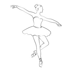 One continuous line drawing on white isolated background. Minimalism linear illustration. ballerina, ballet, dance, woman, dancer, young, person, pose, female, white