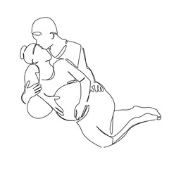 One continuous single drawing line art flat doodle mother, man, pregnant, woman, father, love, expecting, family. Isolated image hand draw contour on a white background, hand drawn, not AI