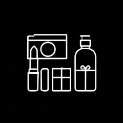 Fototapeta premium Cosmetic and makeup gift set icon, white line art, for a beauty store on a black background