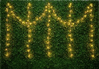 Warm yellow string lights draped over green foliage background