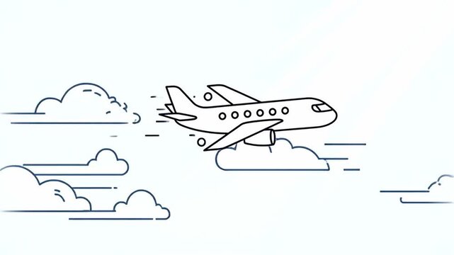 Flat 2D vector illustration of an airplane flying through clouds with motion lines, depicted in a simple line art style against a white background.