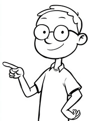 Smiling cartoon boy with glasses, happy and helpful, pointing his finger against a white background
