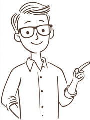 Friendly man with glasses, smiling and confident, pointing his finger against a white background