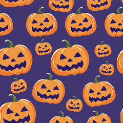 Evil carved pumpkins on a dark purple background.