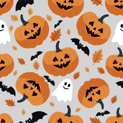Seamless design with cute pumpkins and leaves
