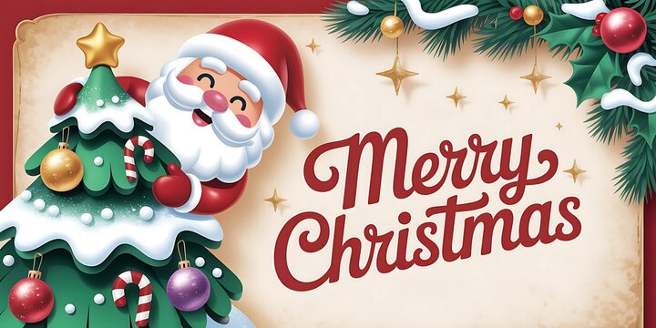Happy Santa Claus character peeking from behind a snow-covered Christmas tree with a "Merry Christmas" message on a vintage banner.