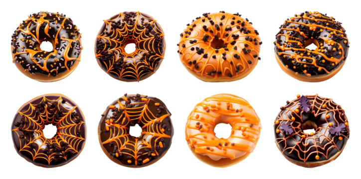 PNG Halloween-themed donuts with decorations, element set on transparent background