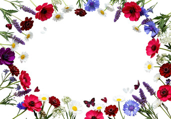 Vibrant oval wreath of wildflowers and greenery isolated on transparent background