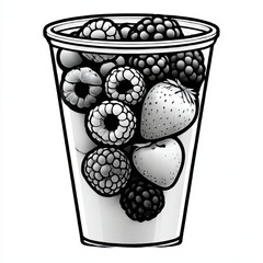 Berry fruit cup icon, black and white, representing a healthy yogurt parfait snack