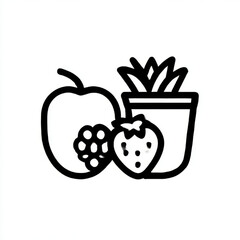 Fresh fruit and potted plant icon, minimalist line art, representing a healthy and natural lifestyle