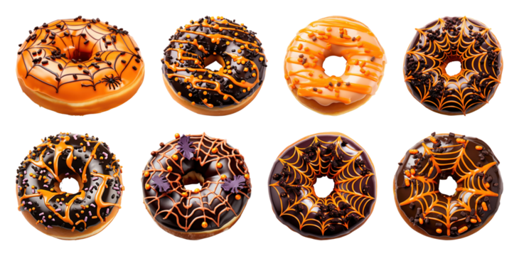 PNG Halloween-themed donuts with decorations, element set on transparent background