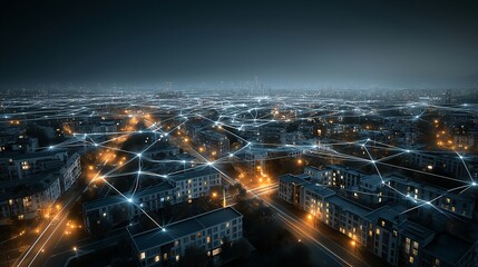Futuristic cityscape at night showcases smart grid network with glowing lines connecting buildings, symbolizing advanced technology and connectivity. scene is illuminated by city lights