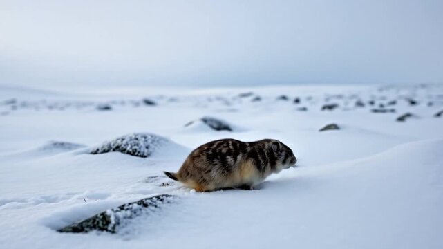 Lemming scurries across snowy tundra searching for food in harsh environment