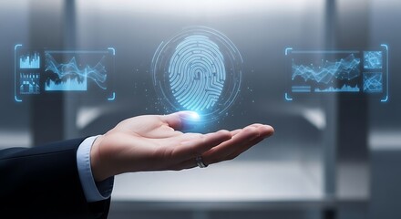 Secure digital identity concept with a glowing fingerprint hologram presented on an open palm against a modern, abstract background with data analytics displays