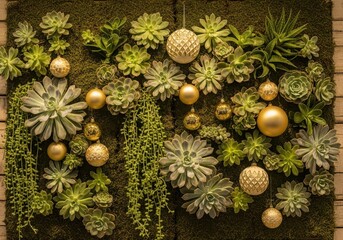 Succulent wall art decorated with golden christmas ornaments