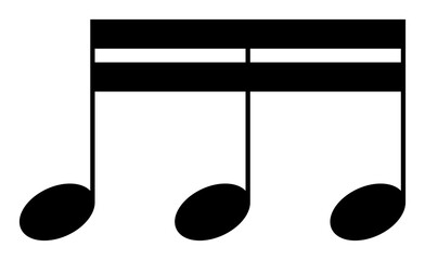 Black three beamed sixteenth notes icon in flat vector style, connected semiquaver trio symbol for rhythm and melody notation design, PNG with transparent background