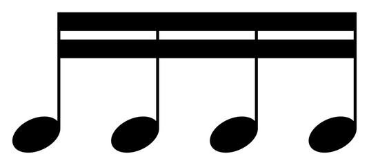 Black four beamed sixteenth notes icon in flat vector style, group of connected semiquavers for rhythm and melody notation design, PNG with transparent background