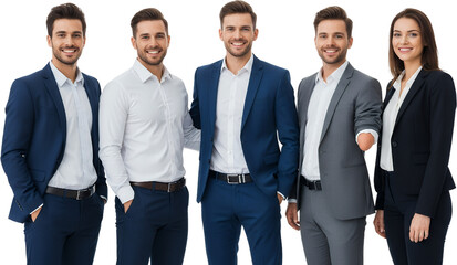 A diverse team of five professionals four men and one woman wearing smart business attire and smiling confidently Teamwork