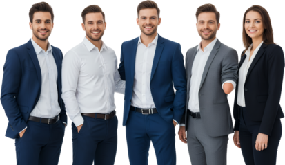 A diverse team of five professionals four men and one woman wearing smart business attire and smiling confidently Teamwork